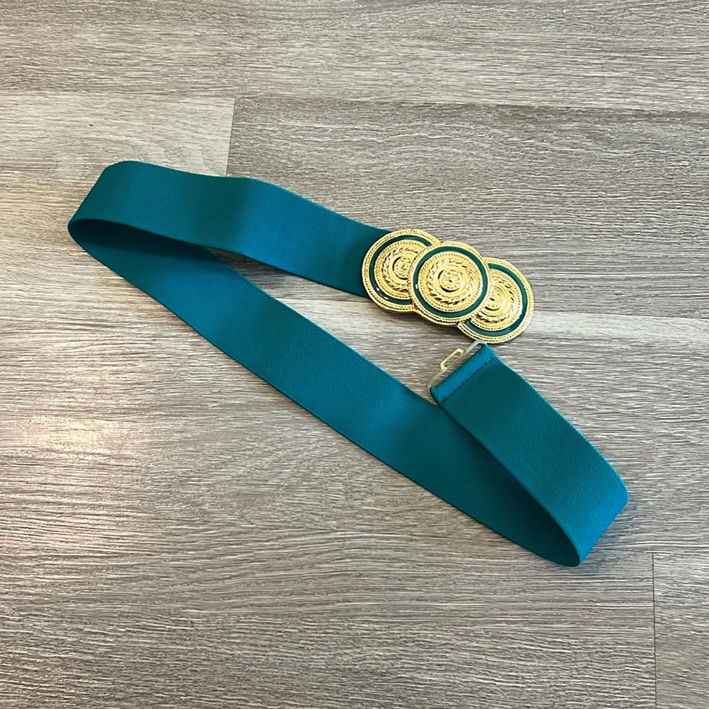 Vintage Nan Lewis teal and gold stretch belt